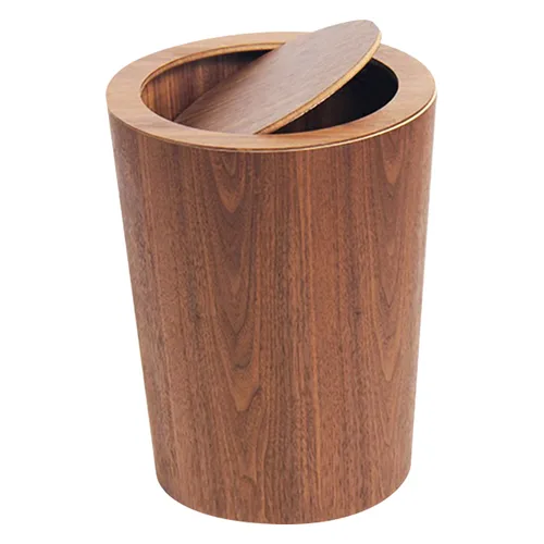 Moderno bote de basura redondo con tapa, cesta de basura de grano de madera en nogal, 9.25 x 7.5 x 11.8 pulgadas, cubo de basura pequeño decorativo