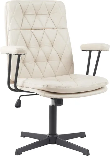Miniatura 6 de Silla de escritorio sin ruedas, silla giratoria de oficina en casa con patas cruzadas Sillón de acento sólido blanco crema