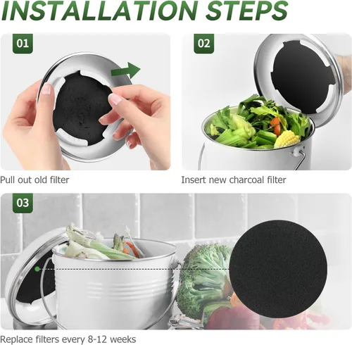 Miniatura 7 de Filtros de carbón para cubo de compost, paquete de 12 filtros de compost, filtros de abono de 6.7 pulgadas para contenedor de encimera, se adapta a