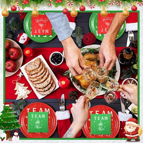 Miniatura 5 de Patelai 120 piezas Suministros de fiesta de Navidad Platos y servilletas desechables de papel Juego de vajilla 48 platos del equipo Travieso