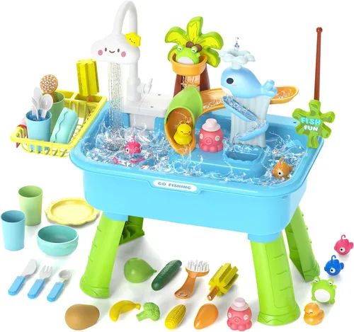 Miniatura 9 de 4-en-1 Juguetes de fregadero de cocina con agua corriente para niños, juguete de mesa eléctrica que cambia de color con animales, alimentos, Azul