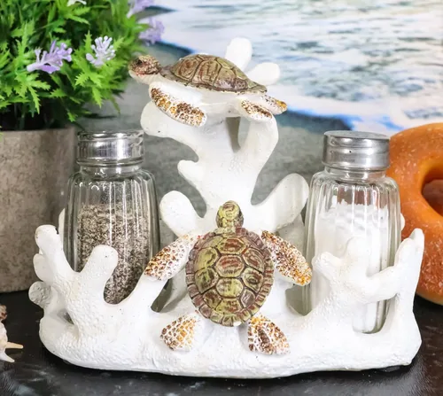 Miniatura 7 de Ebros - Juego de 2 saleros y pimenteros náuticos de arrecife de coral blanco con 2 tortugas marinas y pimenteros, escultura decorativa como centro