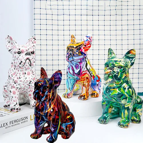 Miniatura 5 de Estatua de Bulldog Francés con Graffiti, Escultura Figurilla de Arte de Perro Animal, Decoración del Hogar para Sala de Estar, Dormitorio, Estante