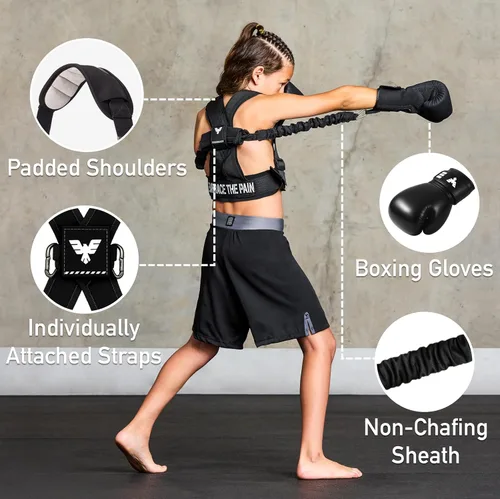 Miniatura 3 de Elite Sports Arnés de boxeo para niños con guantes de 6 onzas, bandas de resistencia ajustables (3 niveles), correa de estabilidad, hombros