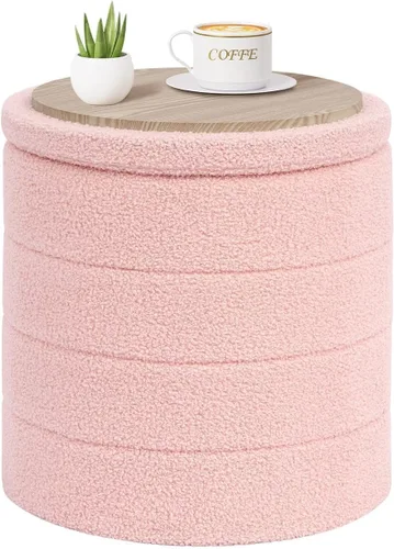 Miniatura 10 de PINPLUS Otomana de Almacenamiento Redonda Reposapiés Taburete con Bandeja de Terciopelo Sherpa Otomana de Almacenamiento Plegable, Reposapiés Boucle
