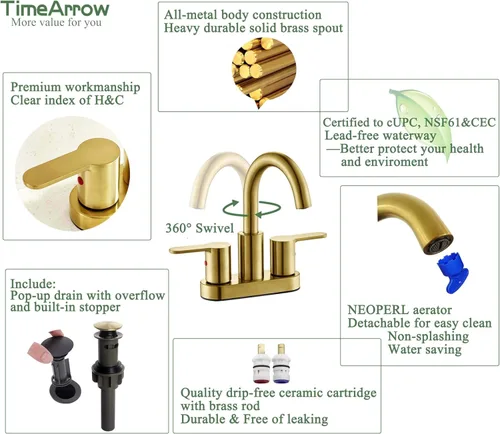 Miniatura 4 de TimeArrow Grifo de Lavabo de Baño Centerset de 2 Manijas en Oro Cepillado con Ensamble de Desagüe, Grifo de Lavatorio de Tocador de Baño Moderno