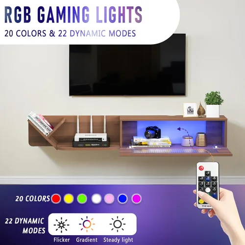 Miniatura 4 de Pmnianhua Soporte de TV flotante rústico con luces LED, consola multimedia montada en la pared de 66 pulgadas, centro de entretenimiento flotante