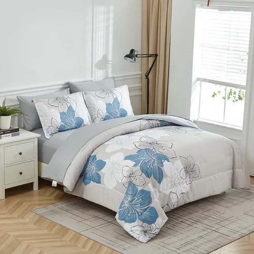 Miniatura 2 de Luxudecor Juego de edredón floral tamaño individual, 6 piezas de cama en una bolsa, edredón floral azul y juego de sábanas, juego de ropa de cama