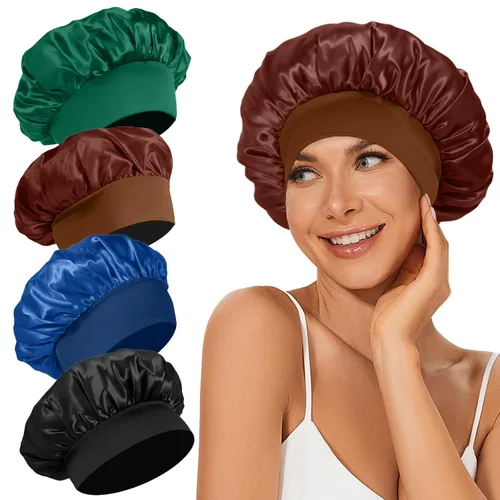 Miniatura 16 de 4 piezas de gorro de satén de seda, gorro de cabello para dormir, gorro de seda elástica de banda ancha para dormir, suave y transpirable