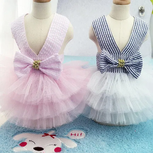 Miniatura 9 de Vestidos para Perros, Ropa de Mascota a la Moda, Vestidos de Princesa para Cachorros con Rayas y Malla (Azul, XS)