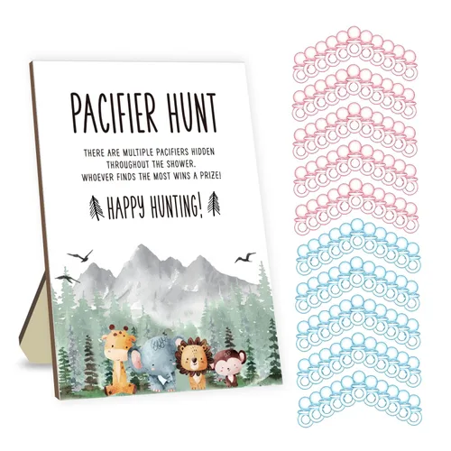 Miniatura 6 de Azbuk Juegos de fiesta de baby shower, caza de chupones para bebé, juego de baby shower, incluye chupetes temáticos de bosque, letrero de juego