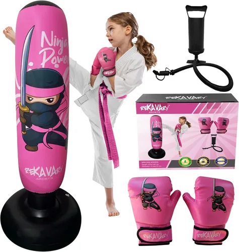 Miniatura 9 de Saco de boxeo para niños – 5 pies 3 pulgadas de alto y estable – Kit combinado de saco de boxeo inflable Ninja Kids con guantes de boxeo para niños