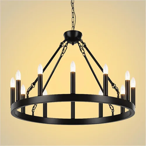 Miniatura 12 de Candelabro de dos niveles en negro, rueda de vagón grande, 54 luces, lámpara colgante de granja redonda de 152 cm, iluminación rústica para comedor