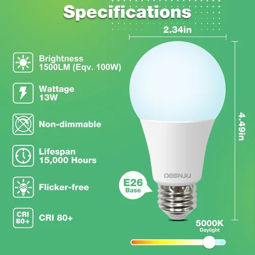 Miniatura 2 de DEGNJU - Bombillas LED A19, bombillas de luz diurna de 5000 K de 100 vatios, 1500 lúmenes, base estándar E26, no regulables, bombillas LED de 13