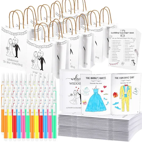 Miniatura 8 de Gueevin 48 piezas de actividades de boda para niños, libros para colorear empaquetados individualmente, libros para colorear de boda, bolsas