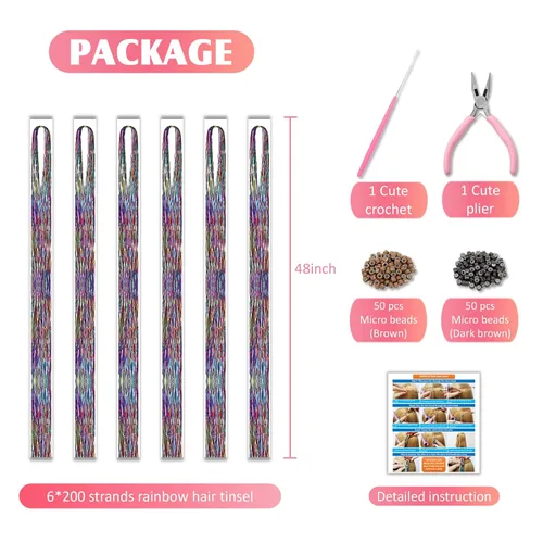 Miniatura 3 de Kit de oropel de cabello arcoíris con herramientas e instrucciones, fácil de usar, 1200 mechones, 48 pulgadas, extensiones de cabello con purpurina