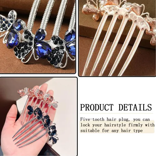 Miniatura 3 de 3 peines para el cabello con diamantes de imitación de mariposa, 5 dientes, peines laterales de cristal, vintage, herramientas para el cabello
