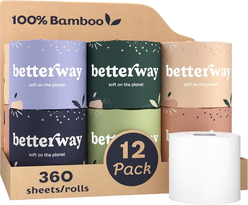 Betterway Papel higiénico de bambú de 3 capas, papel higiénico sostenible, 12 rollos dobles y 360 hojas por rollo, seguro para sépticos, orgánico,