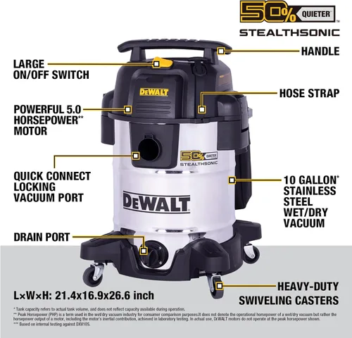 Miniatura 6 de DEWALT STEALTHSONIC - Aspiradora de tienda húmeda y seca de 10 galones, ultra silenciosa, resistente con accesorios, potente aspiradora al aire
