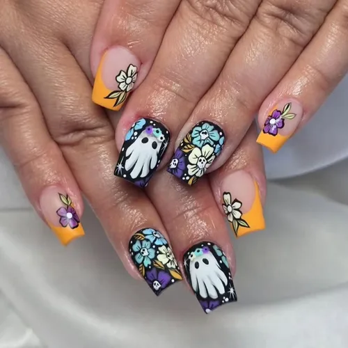 Miniatura 28 de Uñas postizas a presión de Halloween, uñas postizas cuadradas cortas con diseños de gato negro, acabado degradado brillante, cobertura completa