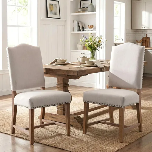 ROCITY Juego de 2 sillas de comedor de lino tapizadas color beige, sillas laterales de cocina con patas de madera y ribete de cabeza de clavo