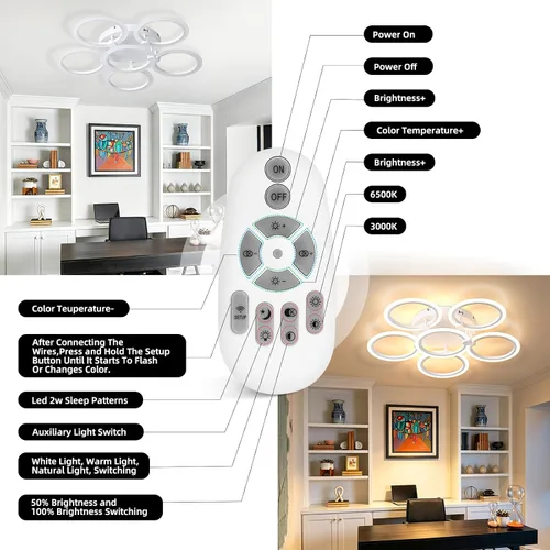 Miniatura 6 de Lámpara de techo LED, lámpara de techo moderna de 6 anillos, 77 W regulable 3000K a 6500K, luz de techo blanca con control remoto para sala
