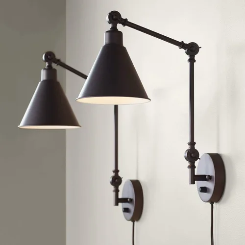 Miniatura 10 de 360 Lighting Wray - Lámpara de pared moderna con brazo oscilante ajustable para interiores con cable, juego de 2 lámparas de latón antiguo negro