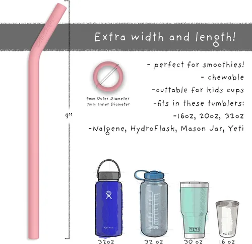 Miniatura 5 de Pajitas de silicona reutilizables - Tamaño grande con curva para vasos hechas de silicona libre de BPA sin goma - Flexibles, plegables, masticables