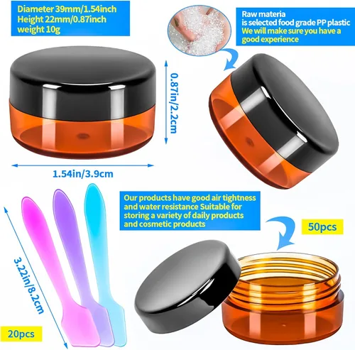 Miniatura 2 de Paquete de 50 de 10 g pequeños contenedores de cosméticos de plástico con tapas, frascos de maquillaje de 10 gramos de color ámbar con espátulas