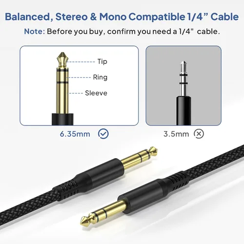 Miniatura 3 de Elebase 1/4 Pulgada TRS Cable de Instrumento 1 Metro 2Pack, Cable de Audio Estéreo de Conexión de 6.35mm Macho Recto, Línea Equilibrada de 6.35mm