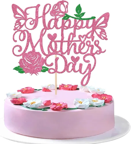 Miniatura 13 de Rsstarxi 1 paquete de decoración para pastel con flores de purpurina con doble corazón Love Mom Best Mom Best Mom Cake Pick Decoraciones para feliz