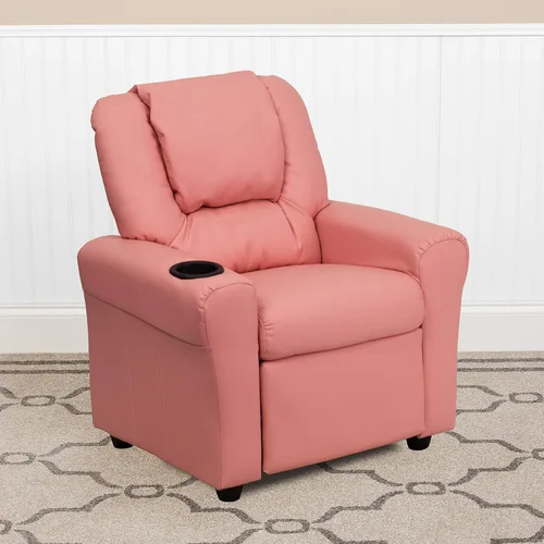 Miniatura 11 de EMMA + OLIVER Sillón reclinable infantil LeatherSoft marrón con portavasos y reposacabezas Piel suave de color café.