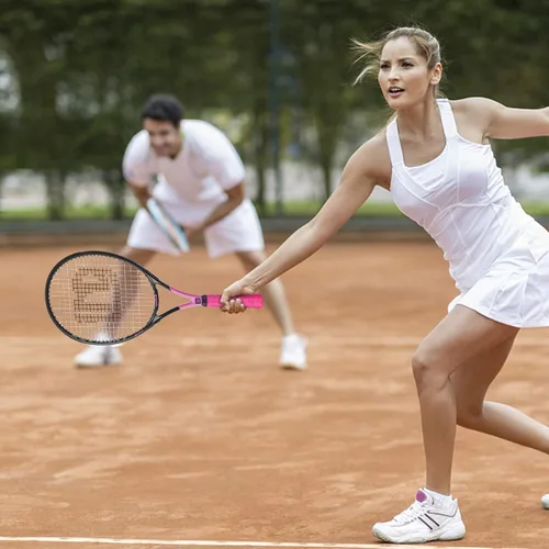 Miniatura 6 de Raqueta de tenis para adultos de 27 pulgadas, raqueta de tenis de fibra de carbono a prueba de golpes, ligera, pre-cordada y con empuñadura, Negro