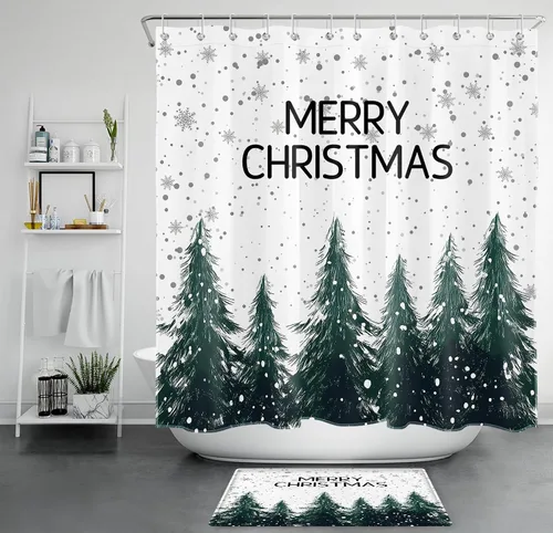 Miniatura 16 de EOBTAIN Cortina de ducha de hojas verdes de Navidad para baño, ramas de piña y abeto con bayas rojas sobre negro, cortina de ducha con 12 ganchos