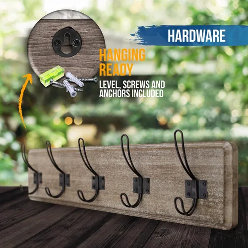 Miniatura 6 de HBCY Creations Perchero de pared rústico envejecido con 5 ganchos, ganchos de pared de pino macizo de 24 pulgadas para entrada, cuarto de servicio