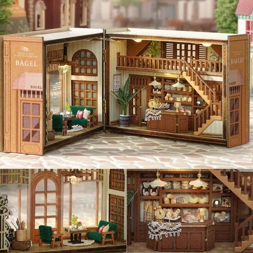Miniatura 5 de TuKIIE Kit de casa de muñecas en miniatura con muebles, a escala 1:32 abierta y cerrada, mini cubo de madera para muñecas, rincón de libros