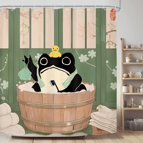 Miniatura 7 de Cortina de Ducha Divertida de Rana Juego de Baño 48 Pulgadas de Ancho x 71 Pulgadas de Alto Lindo Animal Retro Tomando Ducha Patito de Goma