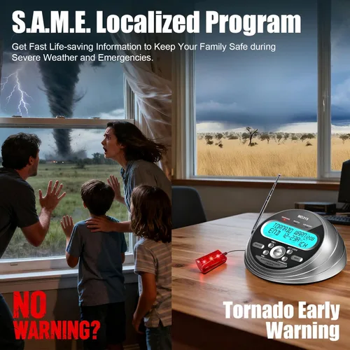 Miniatura 2 de NOAA Weather Radio-S.A.M.E. Programación localizada, radio de alerta meteorológica con más de 80 alertas de emergencia, reloj despertador, radio