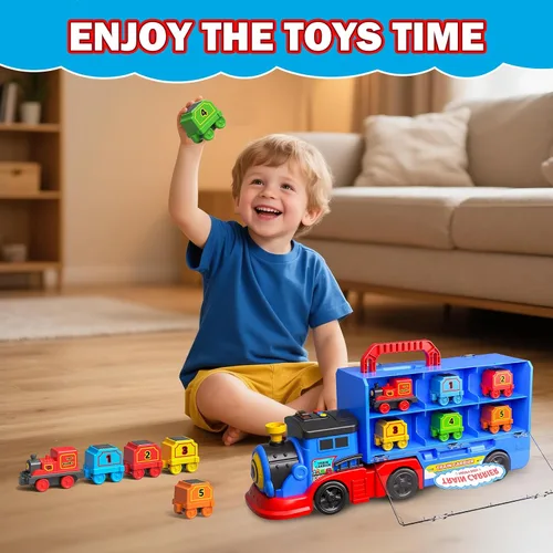 Miniatura 6 de Juego de camiones de tren para niños y niñas de 3, 4, 5, 6 años, camión de transporte con luz y música, gran regalo de cumpleaños de Navidad