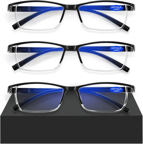 Paquete de 3 lentes de lectura para hombres, lectores rectangulares de bisagra de resorte para hombres y mujeres con bloqueo de luz azul