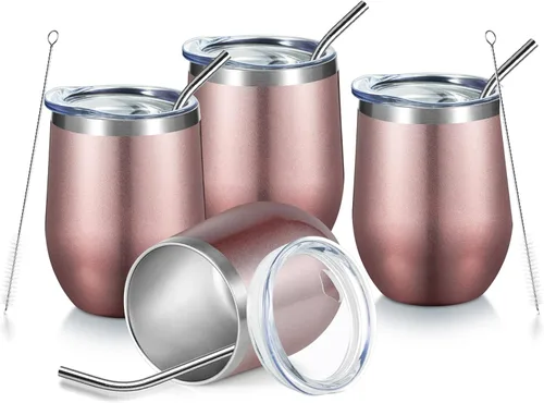 Miniatura 16 de COMOOO Vaso de vino aislado de 12 onzas con tapa, vaso de vino de acero inoxidable sin tallo, vaso de vino de doble pared al vacío con pajita, café