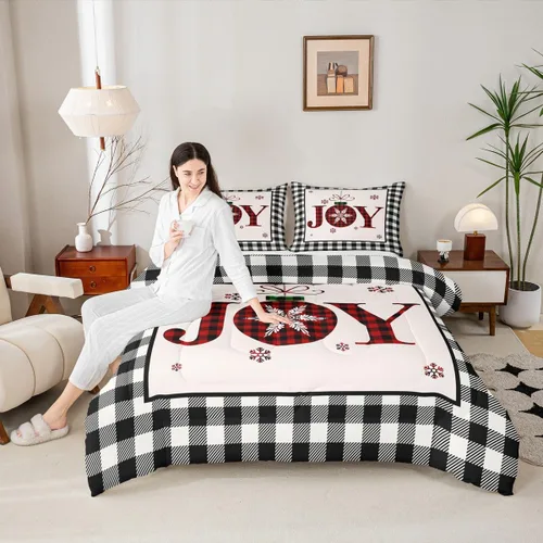 Miniatura 31 de Juego de edredón de Feliz Navidad para niños, tamaño twin, juego de ropa de cama de camión rojo árboles de pino copos de nieve, decoración