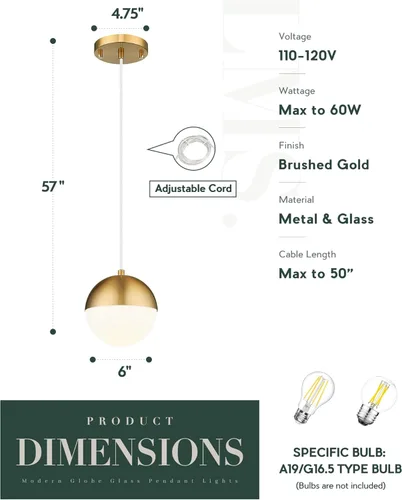 Miniatura 3 de LMS Lámparas Colgantes de Oro Cepillado de 6 Pulgadas, Lámparas Colgantes de Mediados de Siglo con Vidrio de Globo Blanco, Cable Colgante Ajustable