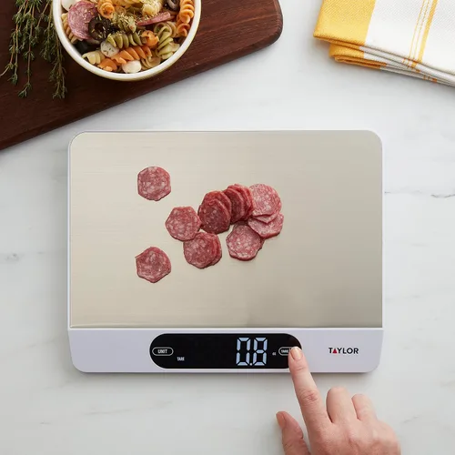 Miniatura 7 de Taylor Báscula de alimentos de cocina de alta capacidad de 22 libras con superficie de acero inoxidable, pantalla retroiluminada y cable de recarga
