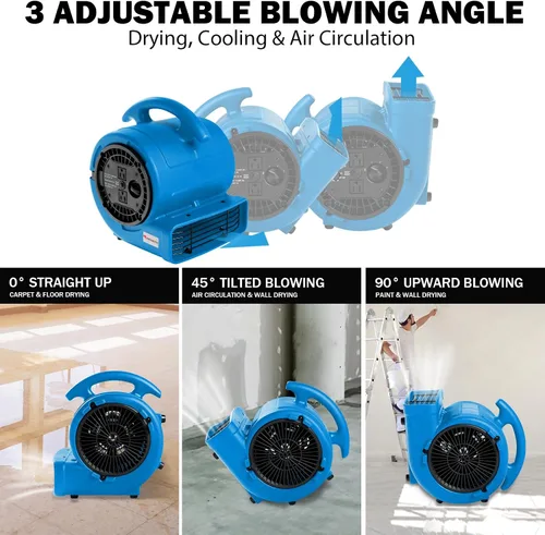 Miniatura 4 de MOUNTO Ventilador Air Mover de 1/5 hp de 800 cfm, ventilador de secado de pisos, motor de aire compacto de 3 velocidades con doble salida, cable