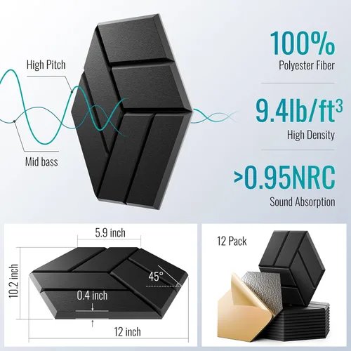 Miniatura 6 de 12 paneles acústicos autoadhesivos, paneles de espuma a prueba de sonido de 12 x 10 x 0.4 pulgadas para paredes, paneles de pared hexagonales Negro