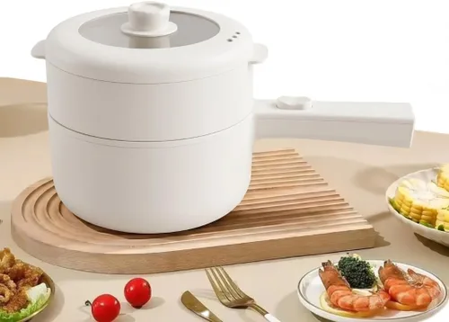 Olla eléctrica y vaporera de 2 litros, mini cocina eléctrica multifunción para ramen, ajustable de 350 W/700 W, cerámica antiadherente, portátil