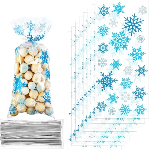 Blulu 100 bolsas de regalo de celofán con copos de nieve de invierno, bolsas de plástico con lazos giratorios para Navidad, país de las maravillas,