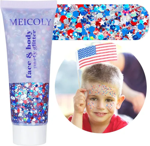 Miniatura 9 de MEICOLY Purpurina corporal roja, blanca y azul, accesorios del 4 de julio, purpurina para el cabello para niños, atuendos del 4 de julio