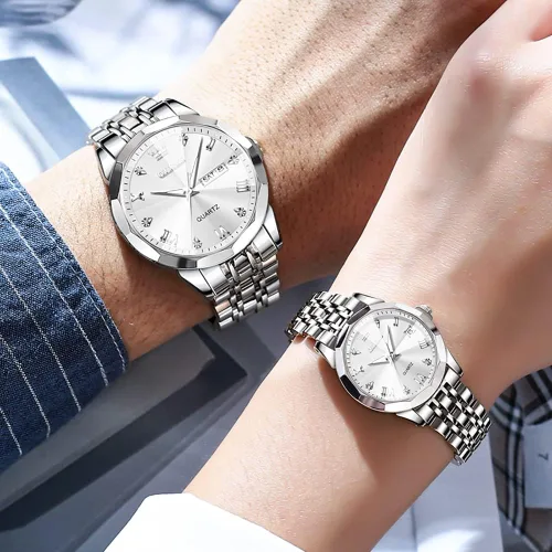 Miniatura 51 de OLEVS Reloj para parejas para él y ella, reloj analógico de cuarzo para hombres y mujeres, de acero inoxidable, impermeable, luminoso, fecha, reloj